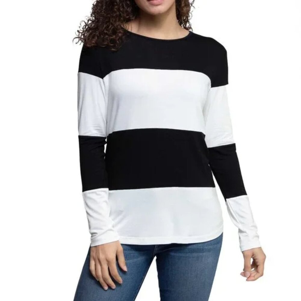 Women 1X Striped Pullover Jersey Shirt Black White Sweet Journey